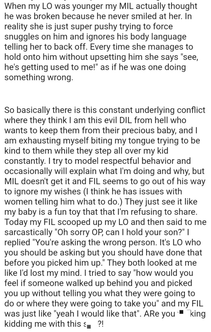OP tries to model respectful behavior and occasionally will explain what she's doing and why, but MIL doesn't get it