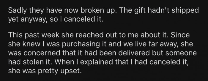OP ended up canceling the order after the couple broke up.