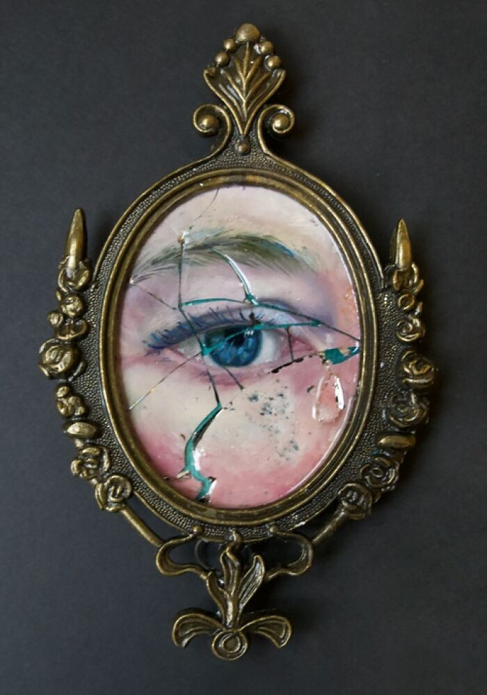 "Oil on glass with resin sculpture in vintage frame."