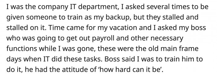 OP was the main guy or the only guy in the IT department but still handled different tasks