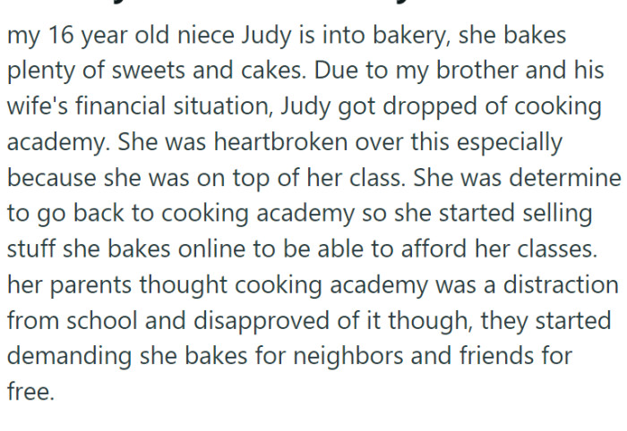 OP has a 16-year-old niece, Judy, who is passionate about baking. Judy is talented and was even attending a cooking academy until her parents' financial difficulties forced her to drop out.