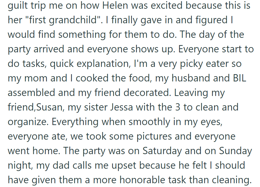 OP's dad later expressed disappointment with their assigned tasks.