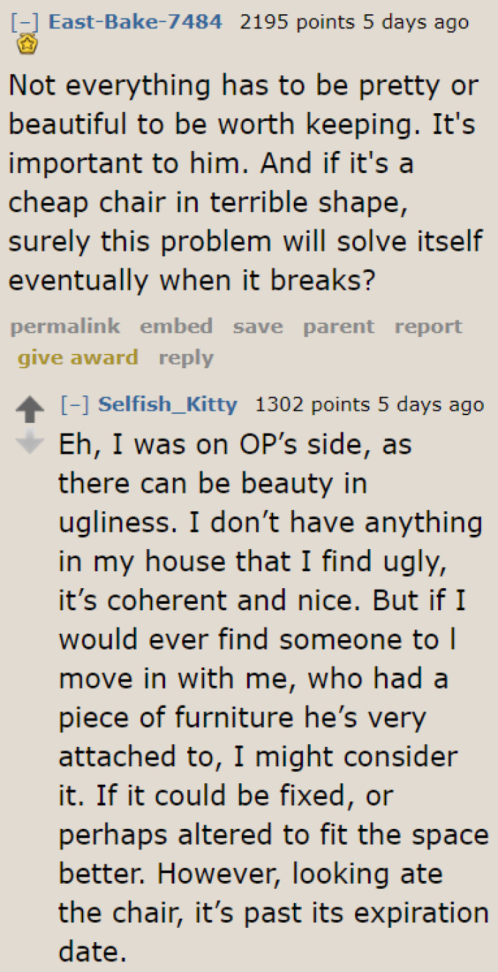 Even some Redditors agree that the chair should go; it's as good as trash, sadly.