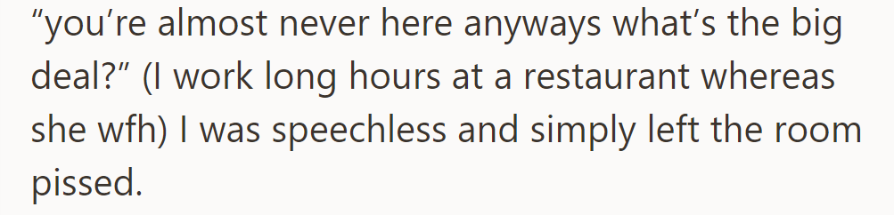 When asked, Doreen dismissed concerns about the dog, citing OP's absence and work schedule.