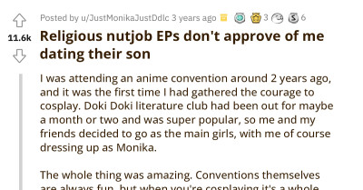 Redditor Kicked Out Of Boyfriend's House After His Parents Saw Photos Of Her At An Anime Convention
