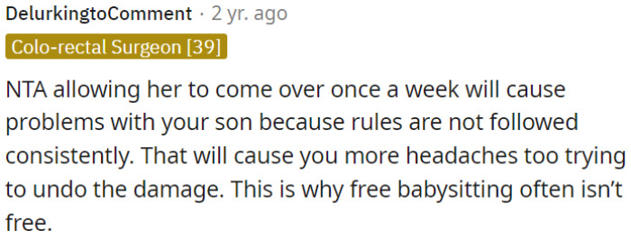 Allowing her to visit once a week without following consistent rules for OP's son can create problems and future headaches.