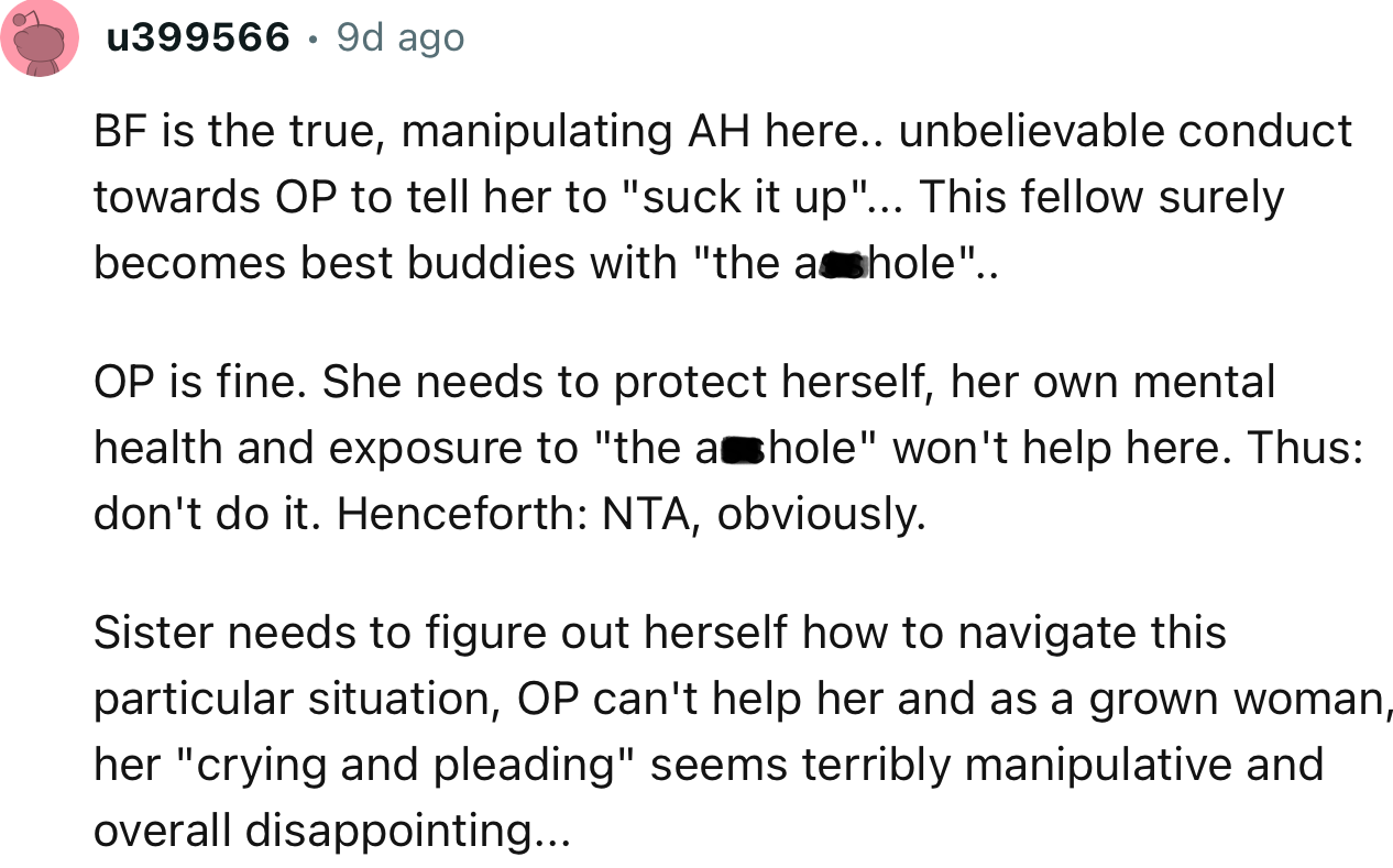 “Sister needs to figure out for herself how to navigate this particular situation.”