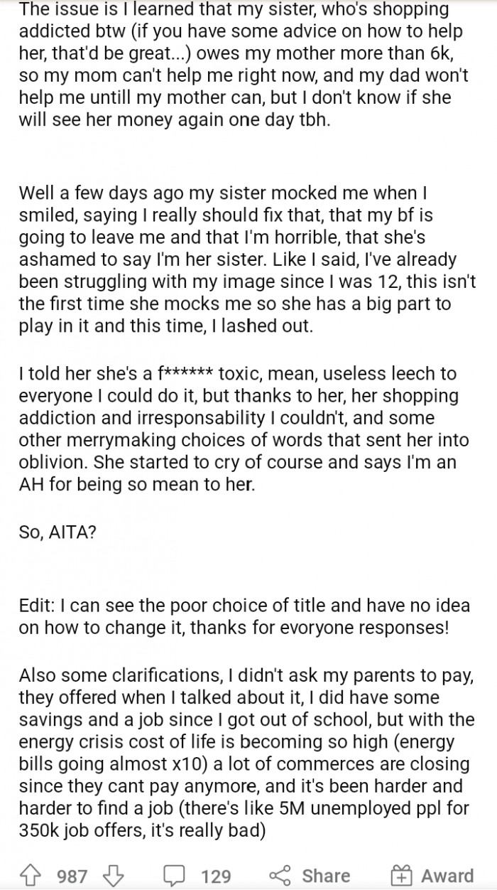 2. OP was triggered when her sister mocked her smile.