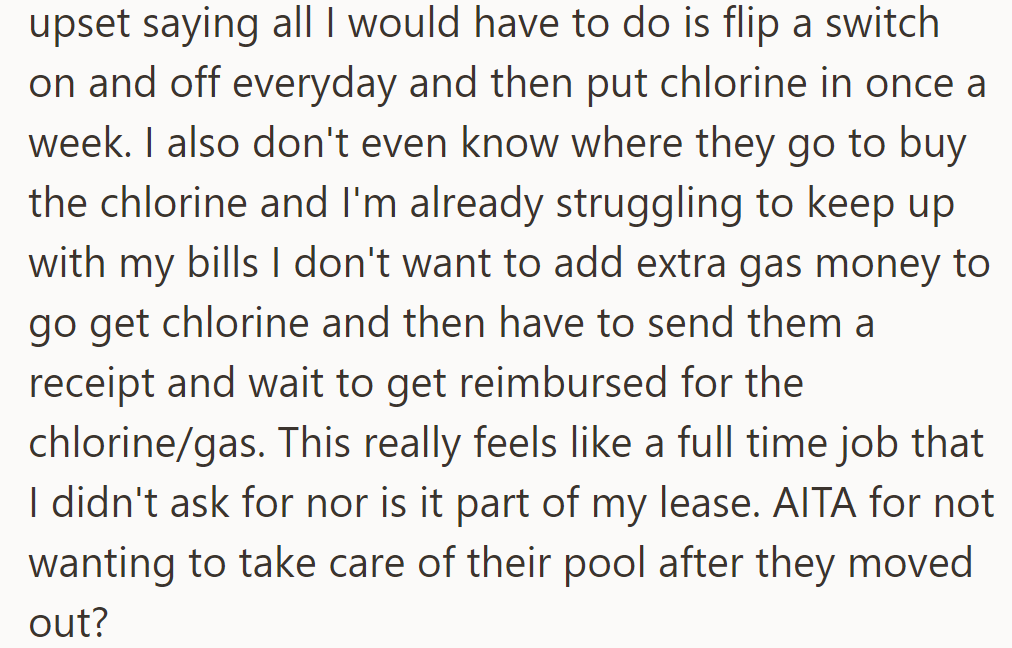 Landlords expect daily pool maintenance; OP declines due to time, financial, and lease-related concerns. Are they in the wrong for refusing?