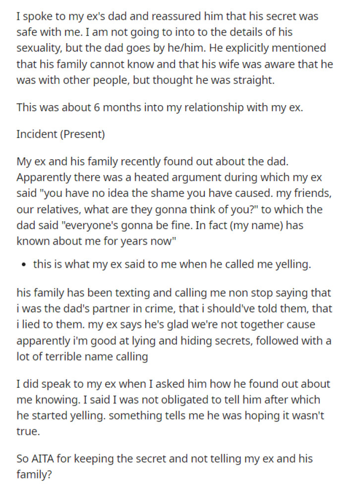 This is when she explains that the family found out about the dad, and now they are upset with her for not telling them about it sooner.