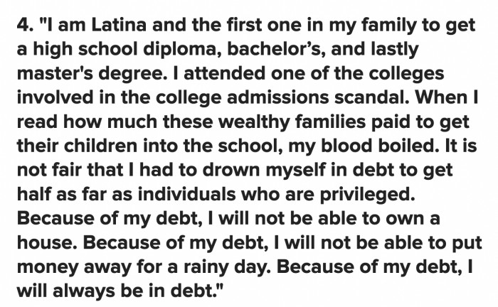 Life is unfair, but it is infuriating how some of us have to pay an arm and a leg for an education that other people will cheat their way into.