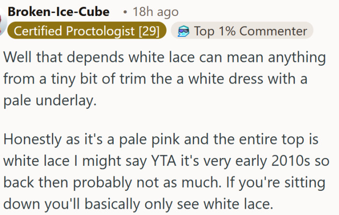 She wore a white lace top to a wedding and still doesn't see the problem