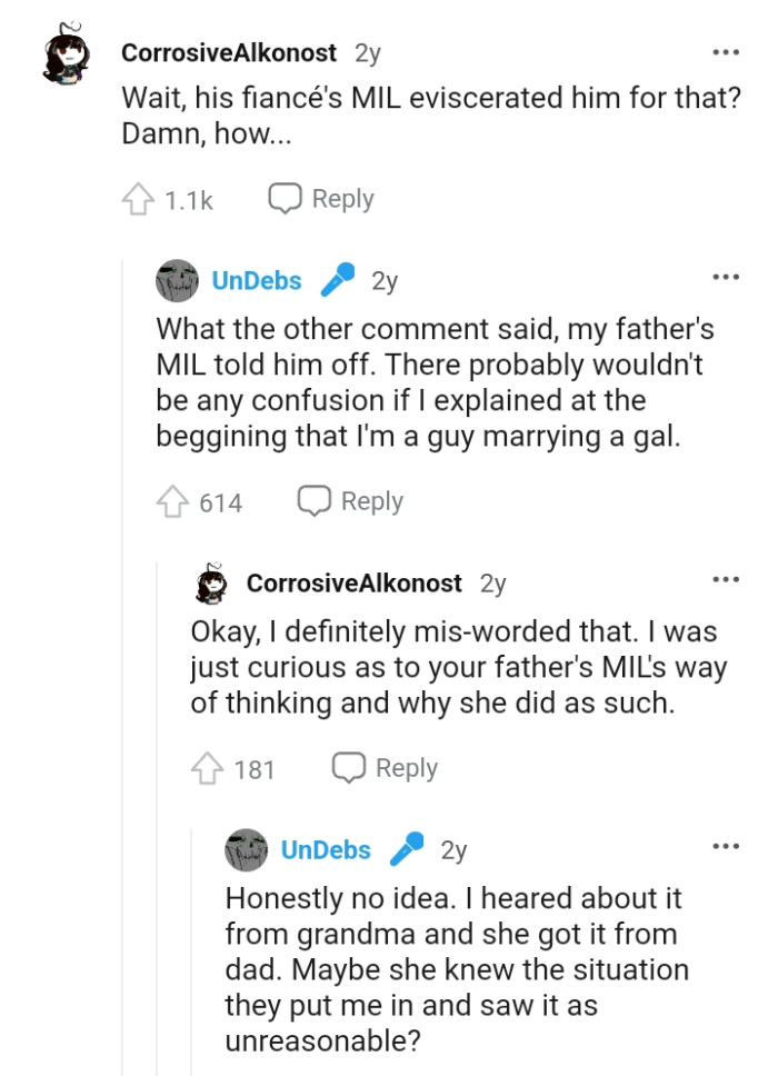 The father's mother-in-law told him off