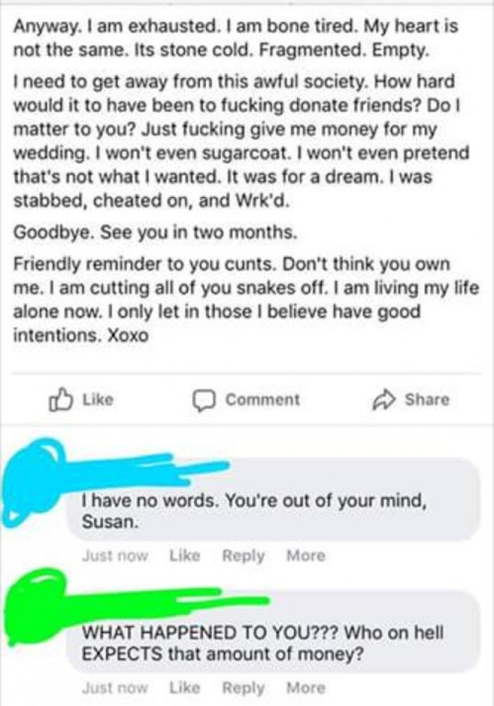 3. “Bride cancels wedding because her guests didn't 'donate' $1,500 each to fund her wedding.”