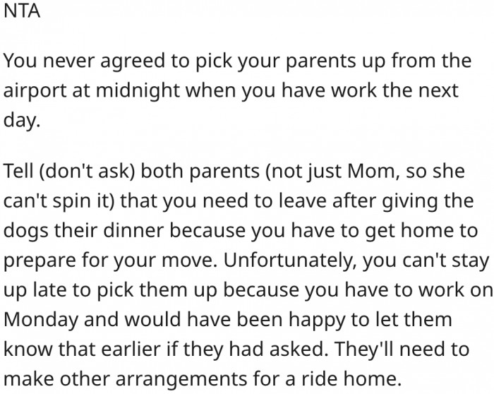 11. It is best that she informs both parents that the schedule will not work for her.