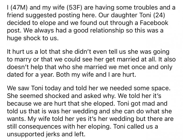 Here's the story from the father's perspective, where he explains what happened.