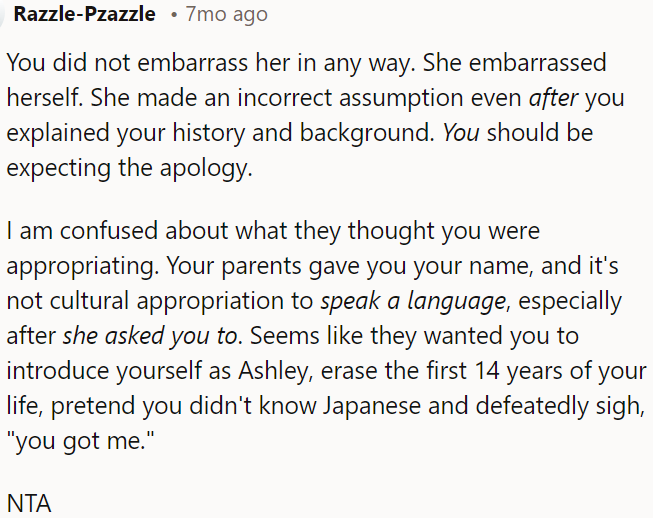 OP didn't embarrass her; she is not a jerk in this situation.