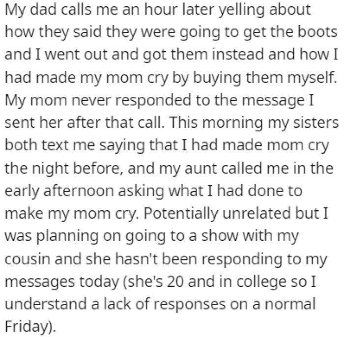 Finding out that OP bought the boots on their own made their mom burst into tears