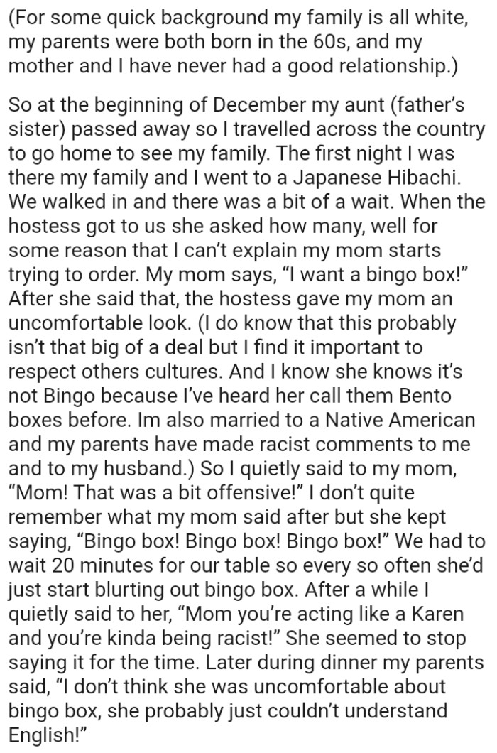 OP's parents have made racist comments to her and to her husband