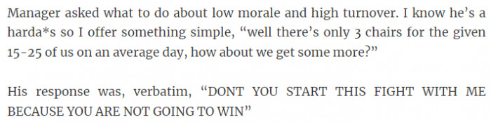 18. Well, there are only three chairs for the 15 to 25 of us on an average day