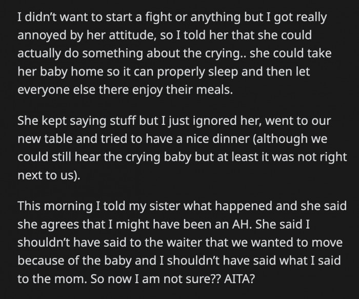 OP retorted that one solution is for the woman to take her baby home and give it a chance to sleep properly instead of ruining everyone else's meals