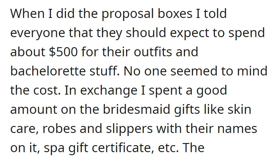 Bridesmaids budgeted $500, received personalized gifts in return.
