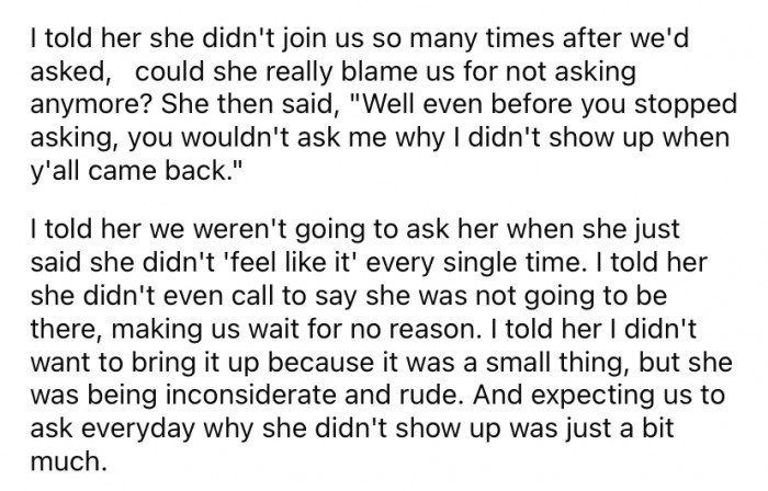 The Redditor says she was a bit surprised by the question, but she explained that they had stopped asking because she never turned up.