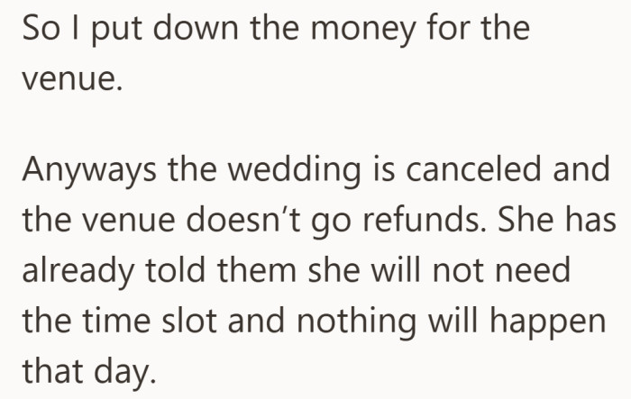 The date was reserved and the payment was made. With the wedding canceled and no refunds offered, the bill still remains.