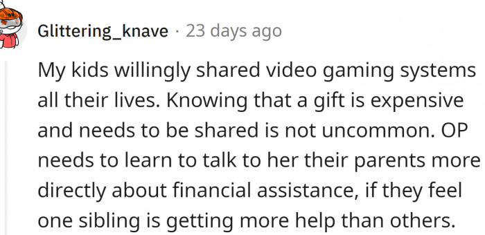 This Redditor says their kids willingly shared video gaming systems all their lives.