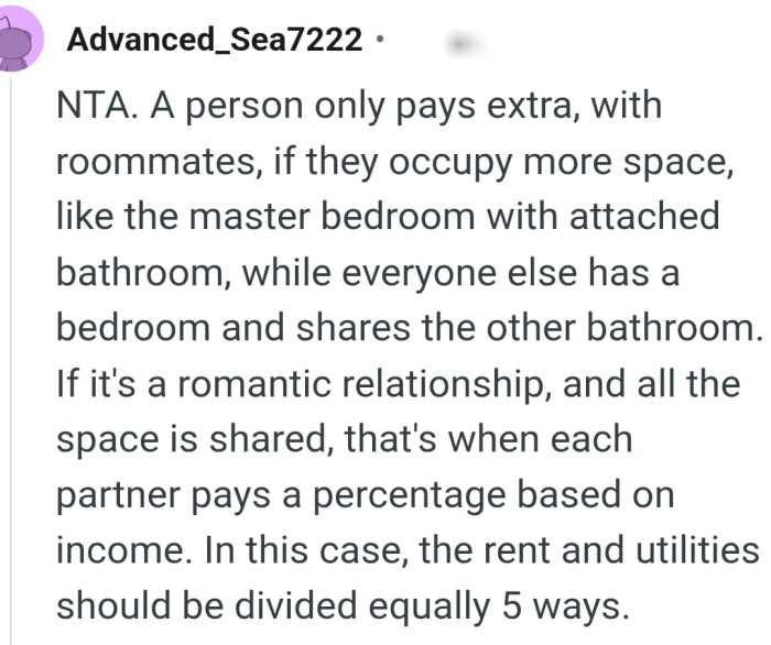 Rent and utilities should be divided equally