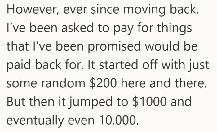 The requests grow over time, shifting from casual help into serious money.