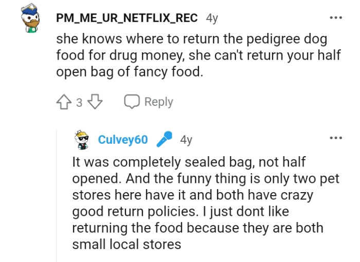 She can't return OP's half-open bag of fancy food