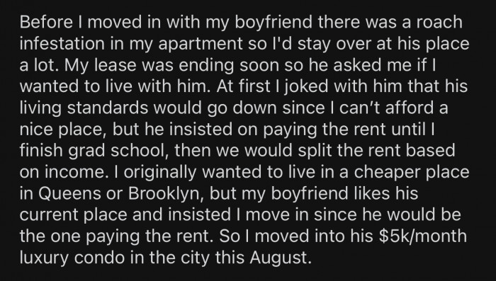 OP originally wanted to live in a more affordable place, but her boyfriend insisted she move in with him.