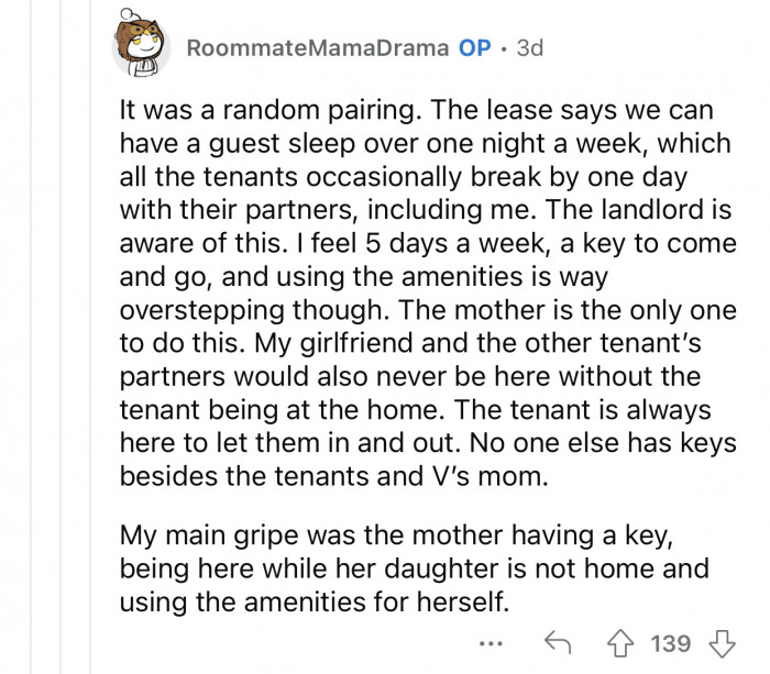 Each tenant is allowed to have a certain number of nights per week for visitors.