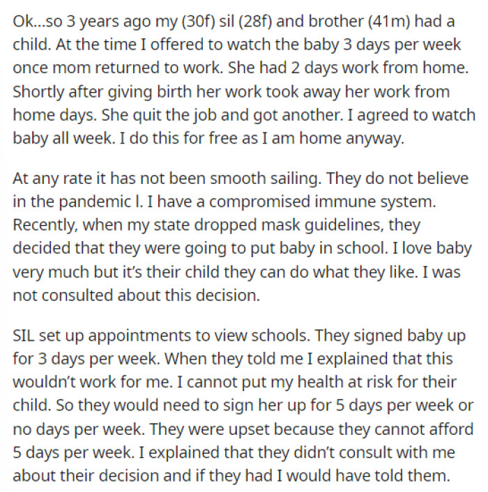 OP explains their situation and then goes into details on what the issue is with babysitting and the pandemic.