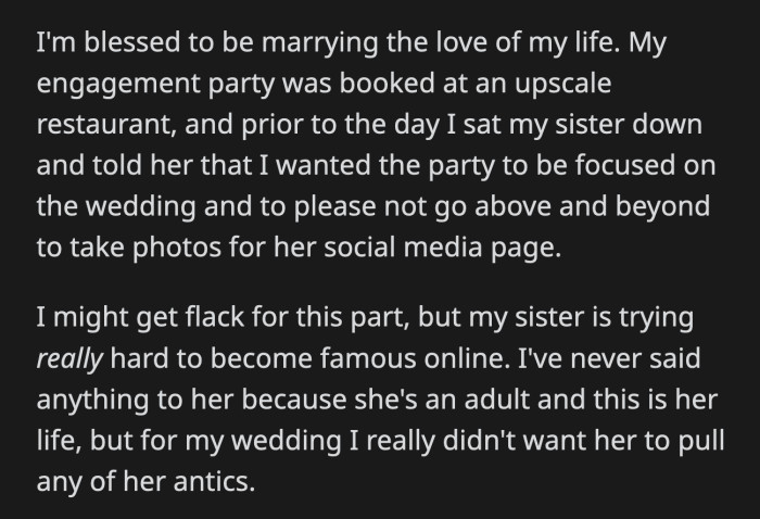 Her sister seemed to have heeded OP's warning until she suddenly stood up on top of her chair to take a top-down picture of her food