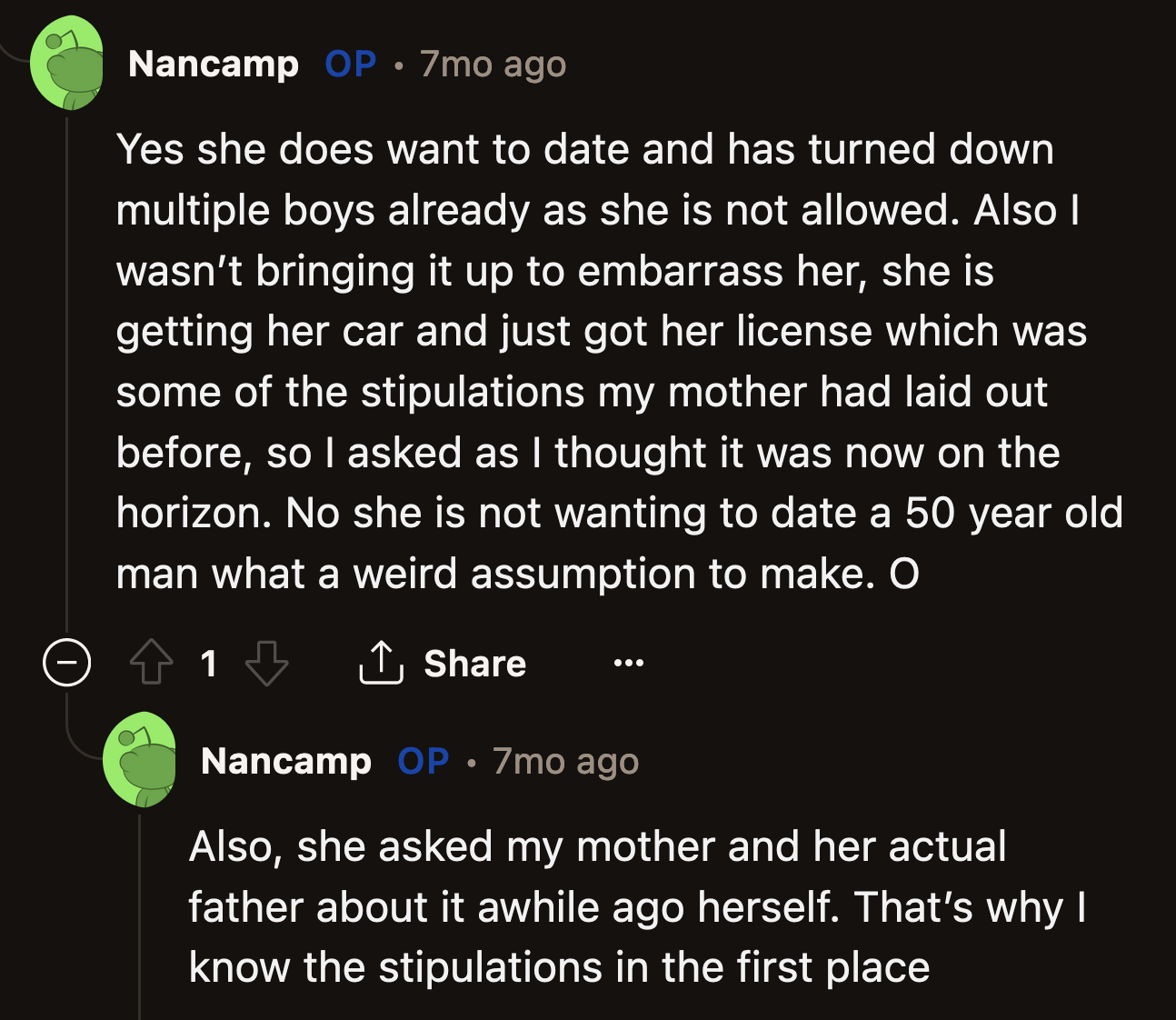 OP said she did. Iris asked her parents about dating recently. It was how OP learned about the stipulations.