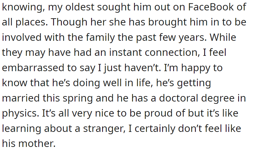 Daughter found him on Facebook and brought him into the family. The mother feels distant and proud but feels like she's learning about a stranger.