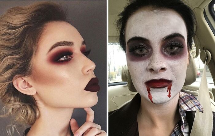 "$60 'Professional' Halloween Makeup. I Asked For The Photo On The Left, With Just A Little Fake Blood. On The Right Is What The Makeup Artist Gave Me"