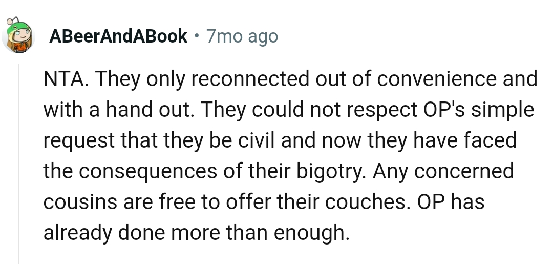 Any concerned cousins are free to offer their couches