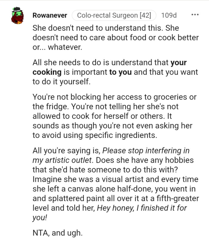 You're not blocking her access to groceries