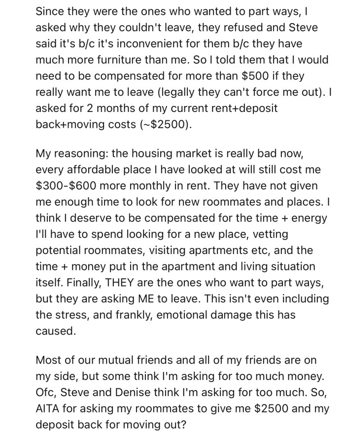 OP has agreed to leave, but only on her own terms —$2,500 or they move out themselves