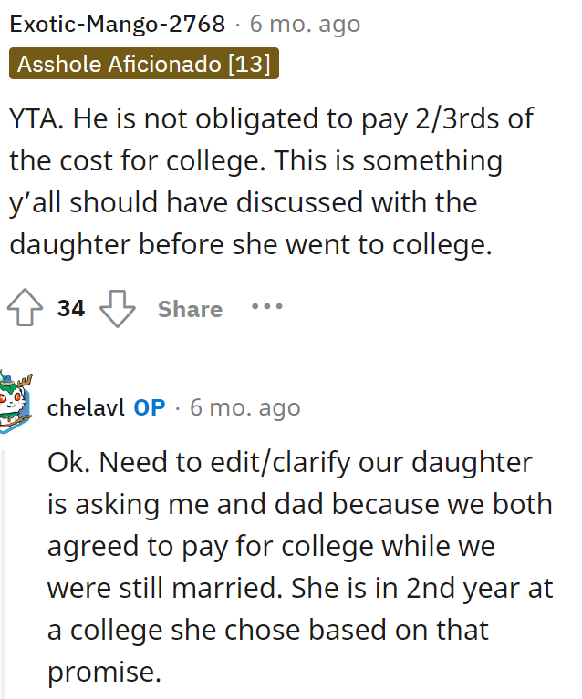 OP clarified some of the things she and her daughter's father agreed on before their divorce.