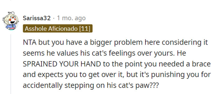 Clearly not the asshole, yet the dilemma lies in him valuing his cat's feelings over hers.