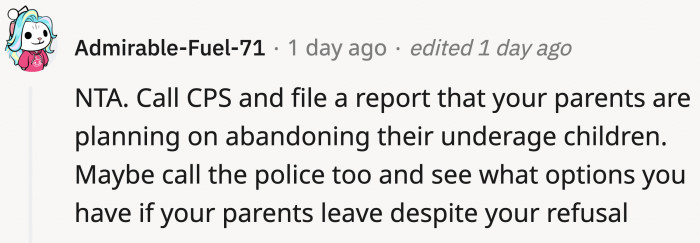 OP should definitely talk to the proper authorities before her parents have the chance to abandon their underage children.