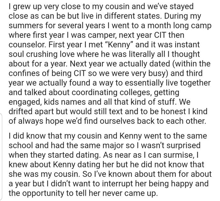 Vivi found love (Kenny) in summer camp, but ended up drifting apart from him after 3 years of being together. Some time later and unknown to him, Kenny started dating Vivi's cousin. However, Vivi couldn't find the words to tell her cousin that Kenny was her summer camp camp sweetheart