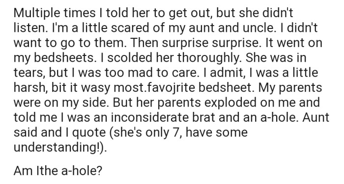 Surprise...surprise, the play dough went on the sheets. As expected, she got scolded, but the words might have come off a bit harsh. Now OP has to face the wrath of her aunt and uncle for making their little angel cry.