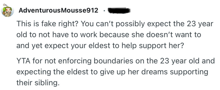 “YTA for not enforcing boundaries on the 23 year old and expecting the eldest to give up her dreams supporting their sibling.”