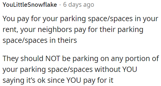 OP pays for their parking space in their rent, just like their neighbors do for theirs.
