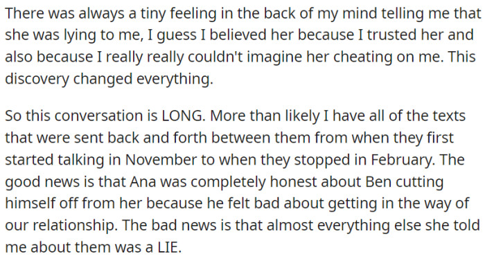 The revelation by OP completely upended the situation, revealing that the majority of her statements were untrue.